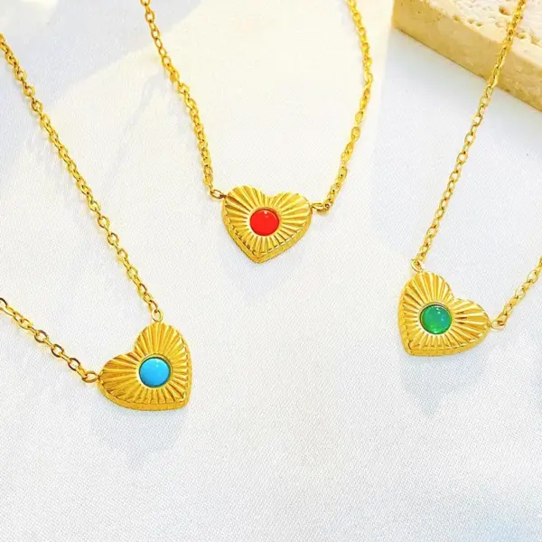 304 Stainless Steel Heart Shape PVD Coated Natural Stone Gold Plated Vintage Style Waterproof Non Tarnish Plating Jewelry Set