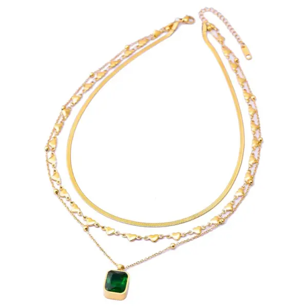 Wholesale Jewelry Fashion Heart Shape 304 Stainless Steel Turquoise Rhinestones Glass Stone 18K Gold Plated Layered Inlay Stainless Steel Necklaces