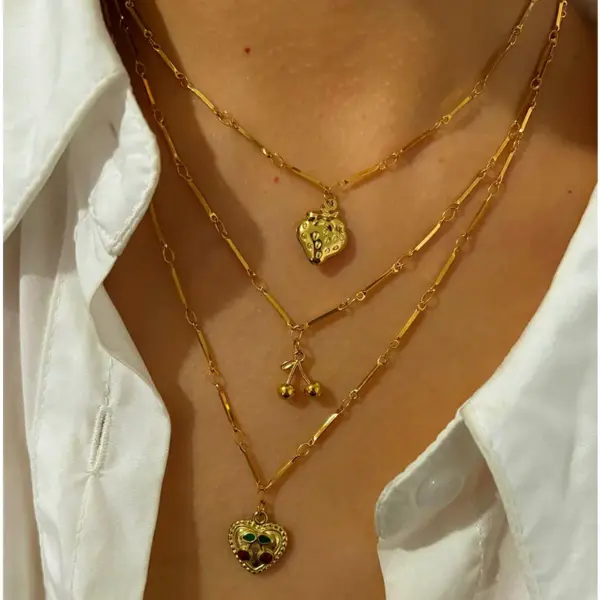 Wholesale 304 Stainless Steel Cherry Strawberry PVD Coated Enamel Real Gold Plated Japanese Style Sweet Commute Waterproof Non Tarnish Surgical Steel Bamboo Necklace Lobster Trigger Clasp Closure Gold Pendant Necklace