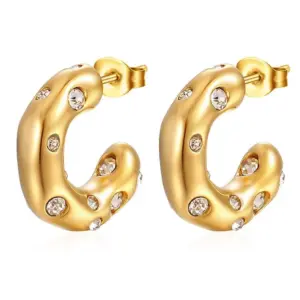 Gold C- Shaped White Diamond Earrings Ms-059