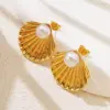 Wholesale 304 Stainless Steel Plastic Scallop Shell Electroplating Artificial Pearls Imitation Gold French Style Classic Style IG Style Ear Studs