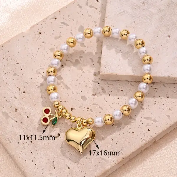Wholesale IG Style Pentagram Cherry Heart Shape 18K Gold Plated Zircon Imitation Pearl Copper Beaded Chain Beaded Bracelets Wholesale