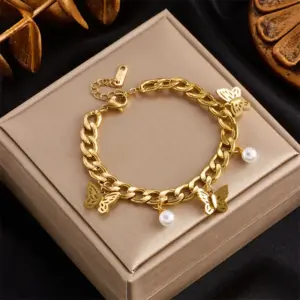 Wholesale Basic Butterfly 304 Stainless Steel Artificial Pearls Stainless Steel Bracelets In Bulk