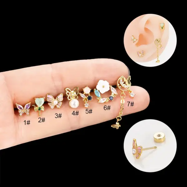 Wholesale 1 Piece 316L Stainless Steel Copper Artificial Pearls Zircon Ear Cartilage Rings & Studs Heart Shape Flower Butterfly Waterproof Non Tarnish Surgical Steel Women'S