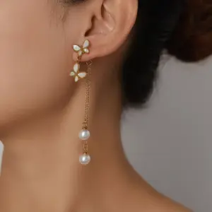 Double Butterfly Pearl Tassel Earrings