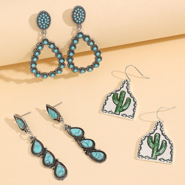 Wholesale Western style retro teardrop-shaped turquoise alloy earring set