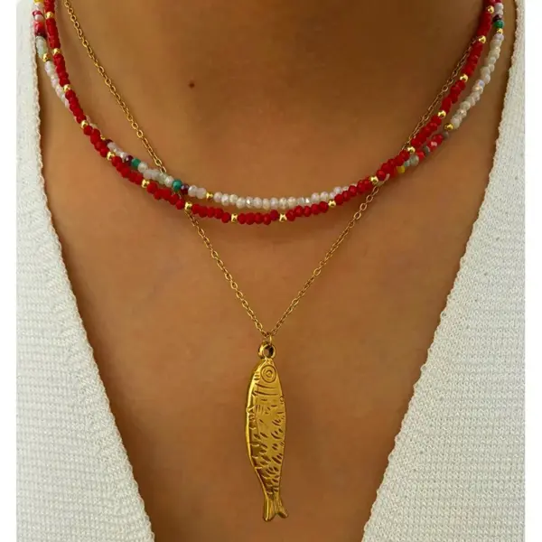 Wholesale 304 Stainless Steel Small Fish PVD Coated Acrylic Real Gold Plated Vintage Style Classic Style Waterproof Non Tarnish Irregular Surgical Steel Cross Chain Box Chain Lobster Trigger Clasp Closure Gold Silver Pendant Necklace