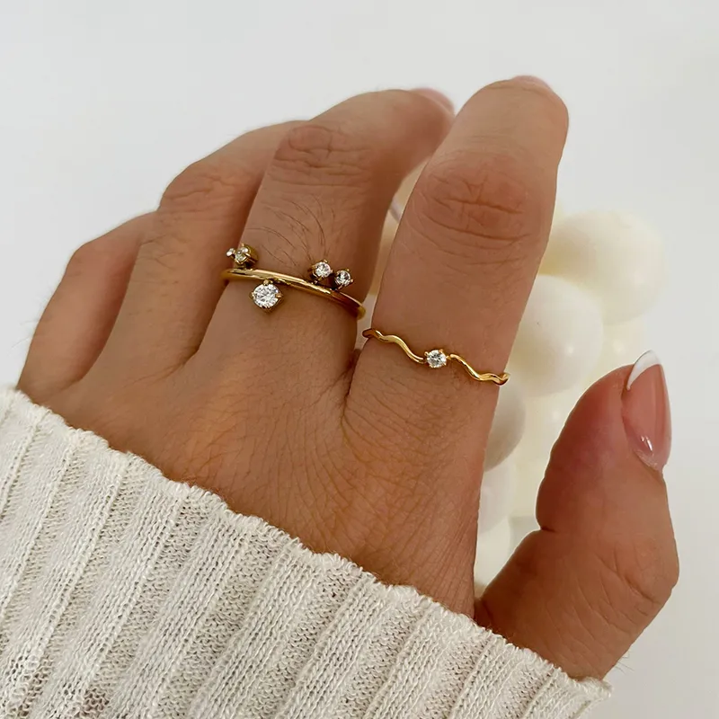 Wholesale 304 Stainless Steel Geometric PVD Coated Zircon Real Gold Plated Commute Korean Style Waterproof Non Tarnish Irregular Surgical Steel Gold R