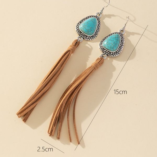Wholesale Cross-border European and American Jewelry Retro T-shaped Turquoise Tassel Brown Hanging Korean Velvet Earrings