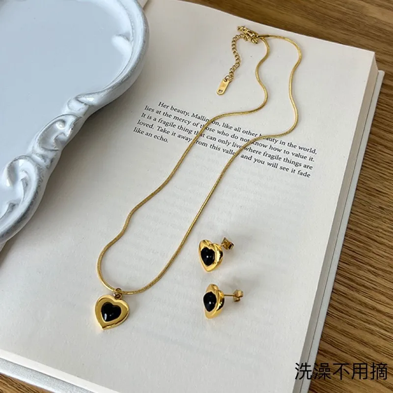Wholesale Titanium Steel Lady Plating Heart Shape Necklace Ear Studs
