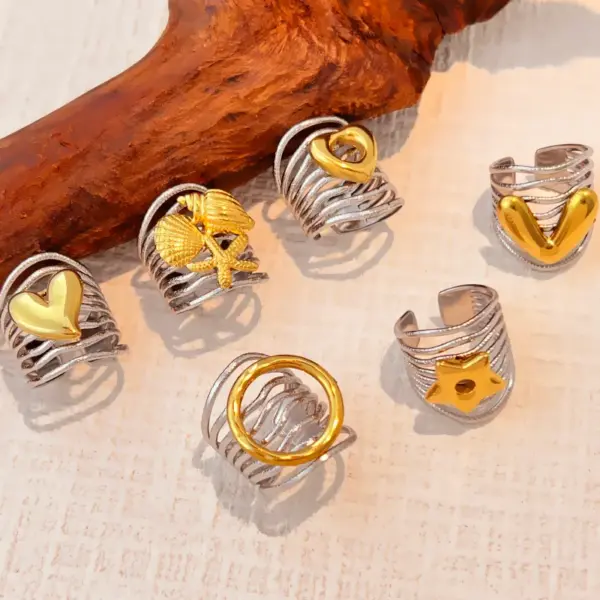 Wholesale 18K Gold Plated 304 Stainless Steel Vacuum Electroplating (In Furnace) Geometric Circle Sun Heart Shell (Jewelry) Waterproof Non-Fading Asymmetric Classic Open Ring