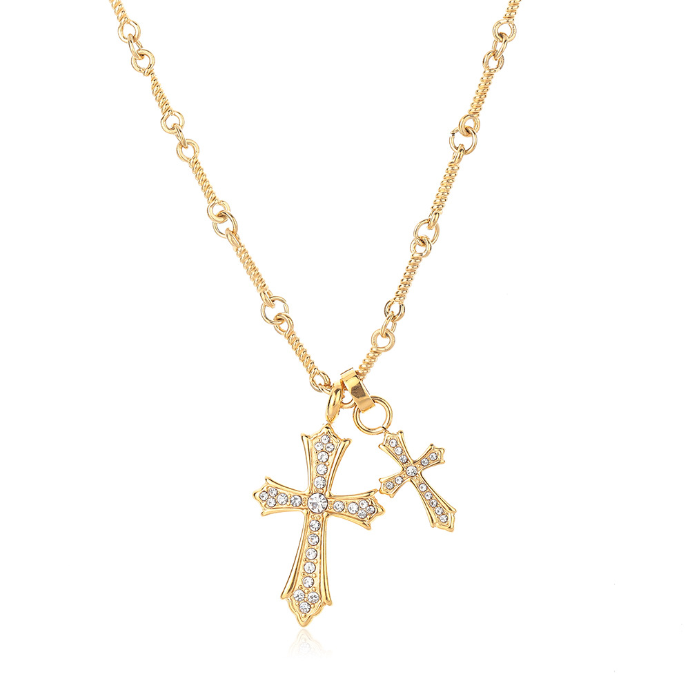 Wholesale Cross-border New Cross Full Diamond Titanium Steel Necklace Men's All-match High-end Sense Woolen Chain Fade-free Jewelry Necklace Women