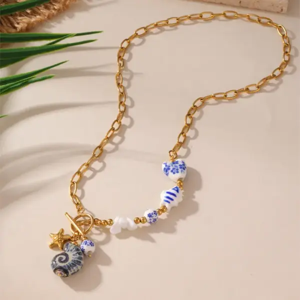 Ion Plating (IP) 18K Gold Plated Starfish Snails Fish 304 Stainless Steel Ceramics Casual Hawaiian Beach Waterproof Non Tarnish Bracelets Necklace