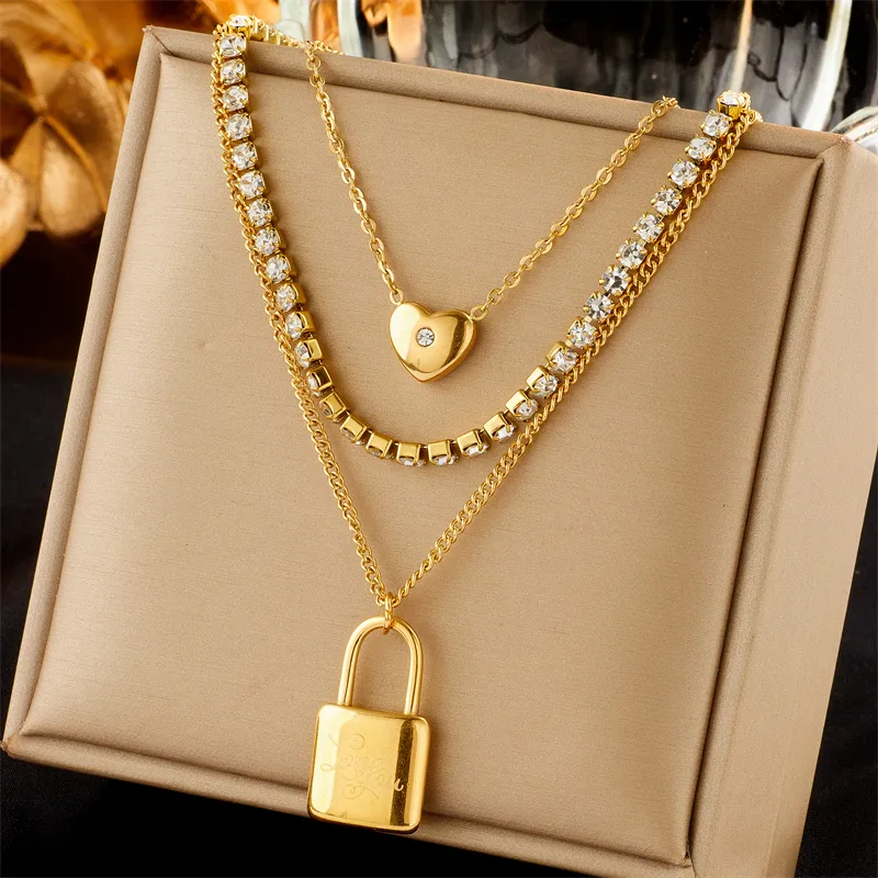 Wholesale PVD Coated 18K Gold Plated Heart Shape Lock 304 Stainless Steel Retro Punk Waterproof Non Tarnish 304 Stainless Steel Three Layer Necklace