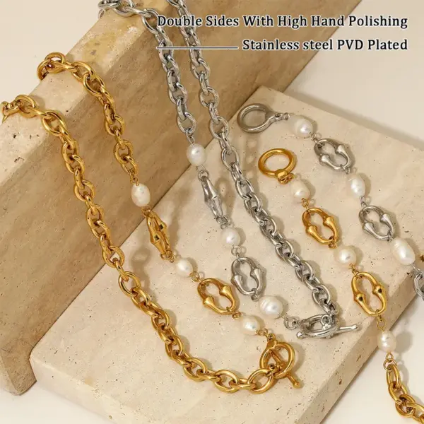 Wholesale PVD Coated Real Gold Plated 16K White Plating Solid Color 304 Stainless Steel Freshwater Pearl IG Style Simple Classic Waterproof Non Tarnish Bracelets Necklace
