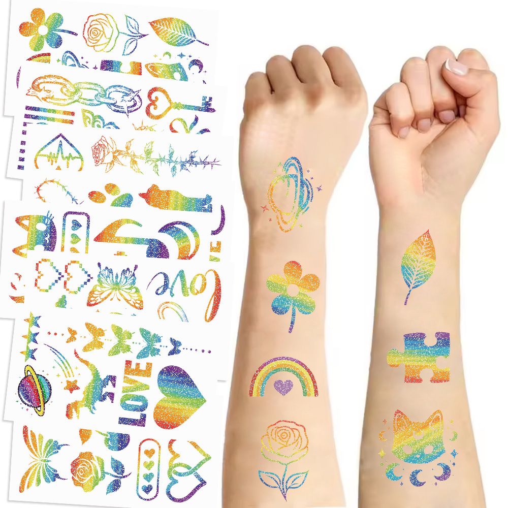 Wholesale New Cartoon Colorful Rainbow Series Glitter Tattoo Stickers Waterproof Party Party Gift Funny Fun Face Stickers