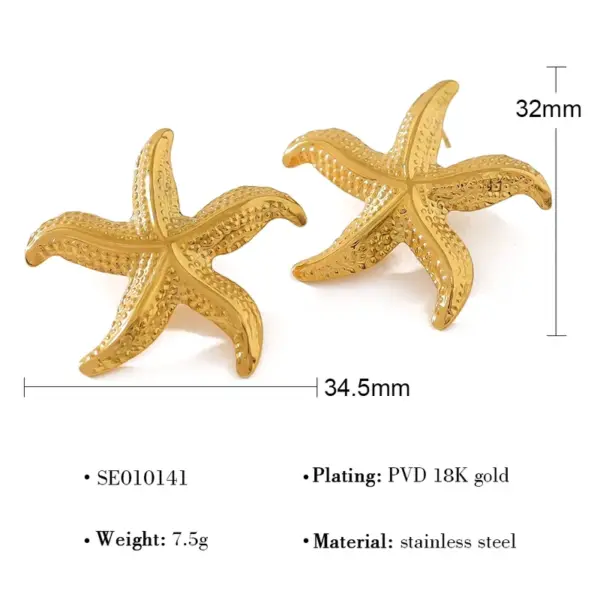 PVD Coated 18K Gold Real Gold Plated Starfish 304 Stainless Steel French Style Simple Style Classic Style Waterproof Non Tarnish Ear Studs