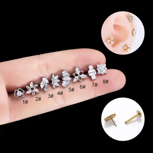 Wholesale 1 Piece 316L Stainless Steel Pure Titanium Titanium Zircon Lip Rings Flower Waterproof Non Tarnish Surgical Steel
