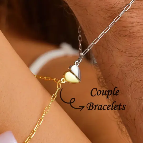1 Pair (2pcs) 18K Gold Plated 304 Stainless Steel Magnetic Heart Bracelet For Couples, Heart Pendant Bracelet, Couple Heart Bracelet, Couple Style Love Bracelet, Friendship Heart Bracelet, Heart Jewelry, Christmas Gift For Boyfriend, Birthday Gift