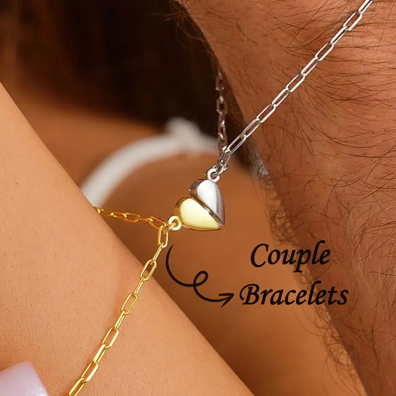 Wholesale 1 Pair 18K Gold Plated 304 Stainless Steel Magnetic Heart Bracelet For Coles, Heart Pendant Bracelet, Cole Heart Bracelet, Cole Style Love B