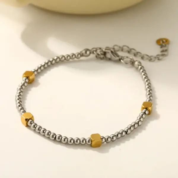 Square Star Vacuum Plating (In Furnace) 18K Real Gold Plated 303 Stainless Steel No Inlay Material Beaded Chain Bracelet For Women