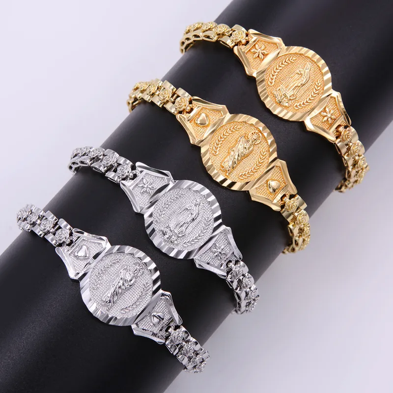 Wholesale Simple Style Virgin Mary St Jude Flower Copper Plating Carving 18k Gold Plated White Gold Plated Bracelets