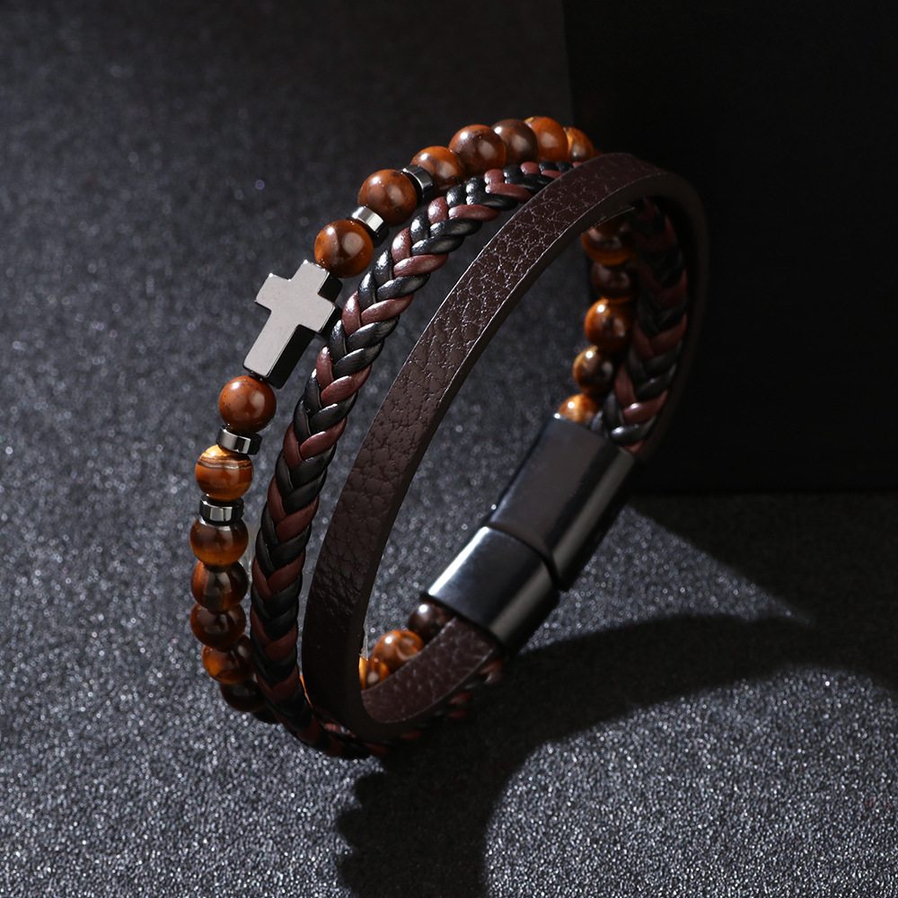 Wholesale Cross Hematite Frosted Stone Braided Bracelet