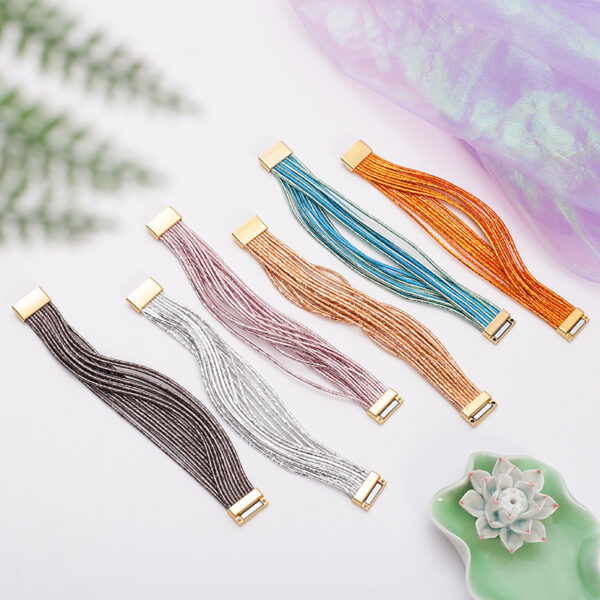 Wholesale Bohemian minimalist style imitation gold thread multi-layer PU leather women's bracelet with magnetic clasp.