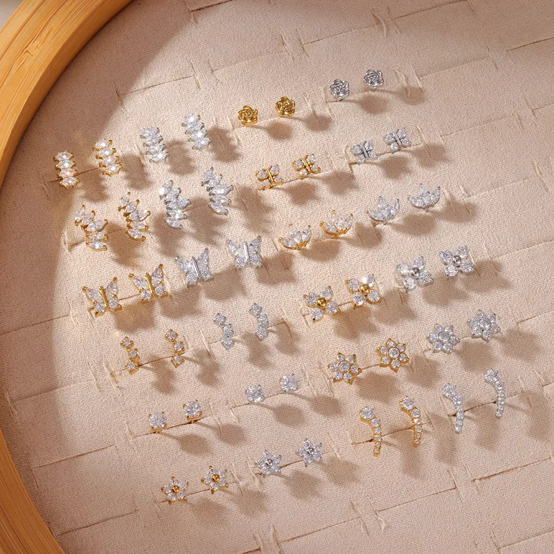 Wholesale Sparkling Zircon Ear Bone Stud Earrings Piercing Jewelry 304 Stainless Steel 18K Gold Plated INS Style Elegant