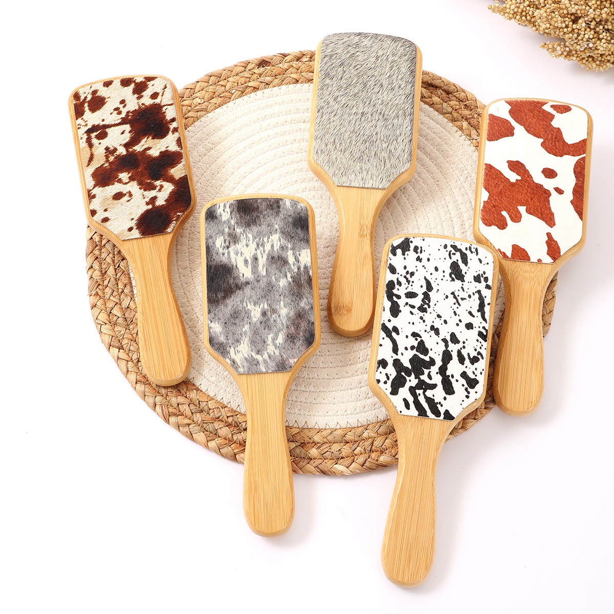 Wholesale Bamboo Real Leather Cow Retro Western Cowboy Style Air Cushion Comb Airbag Comb Meridian Massage Comb Hairessing Comb