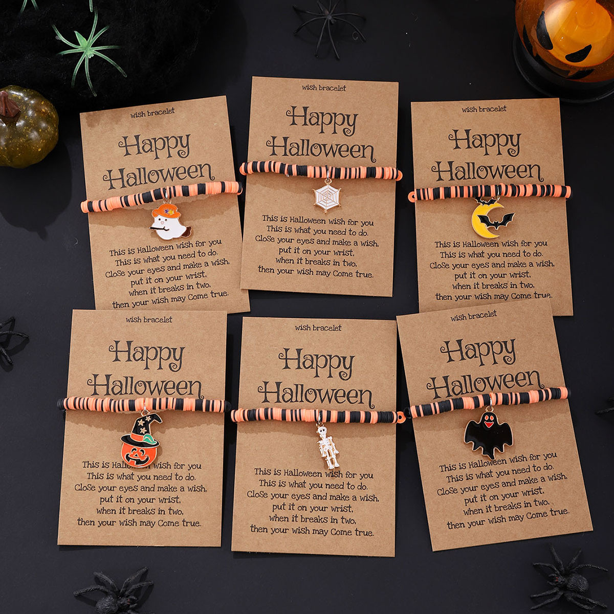 Wholesale Cross-border Amazon Ghost Pumpkin Skull Pendant lymer Clay Blessing Card Elastic Adjustable Bracelet