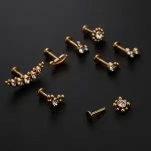 Wholesale Fashion Leaf Round Stainless Steel Inlaid Zircon Eyebrow Nails Ear Studs 1 Piece