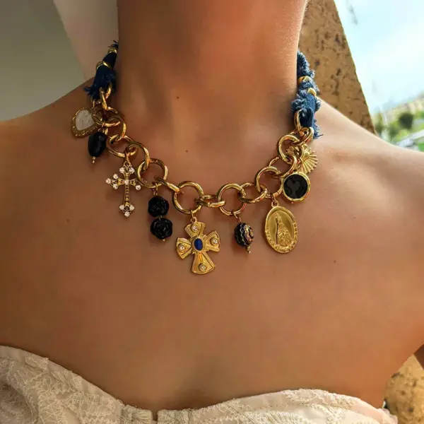 1 Piece Handmade Spliced Chain Stainless Steel Cross Heart Ceramic Multi Pendant 18K Gold Waterproof Color Retention Women's High-end Necklace