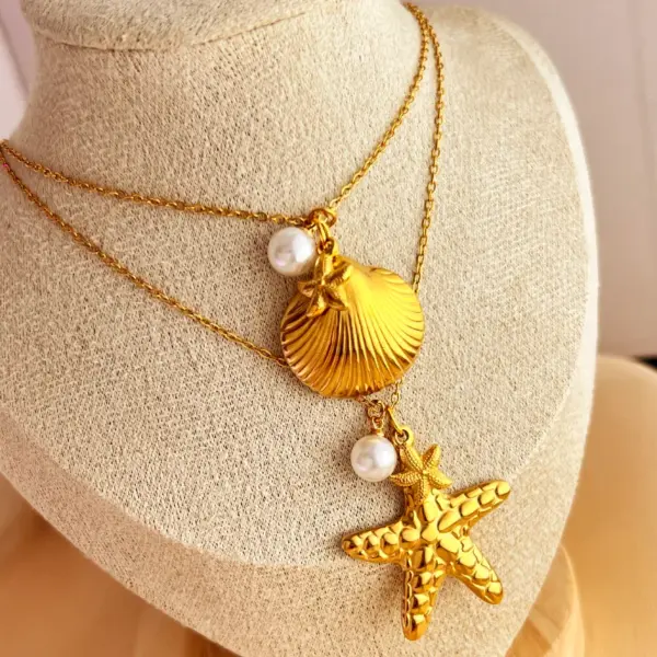 PVD Coated Real Gold Plated 18K Gold Starfish Shell 304 Stainless Steel Elegant Beach Waterproof Non Tarnish 201 Stainless Steel Pendant Necklace