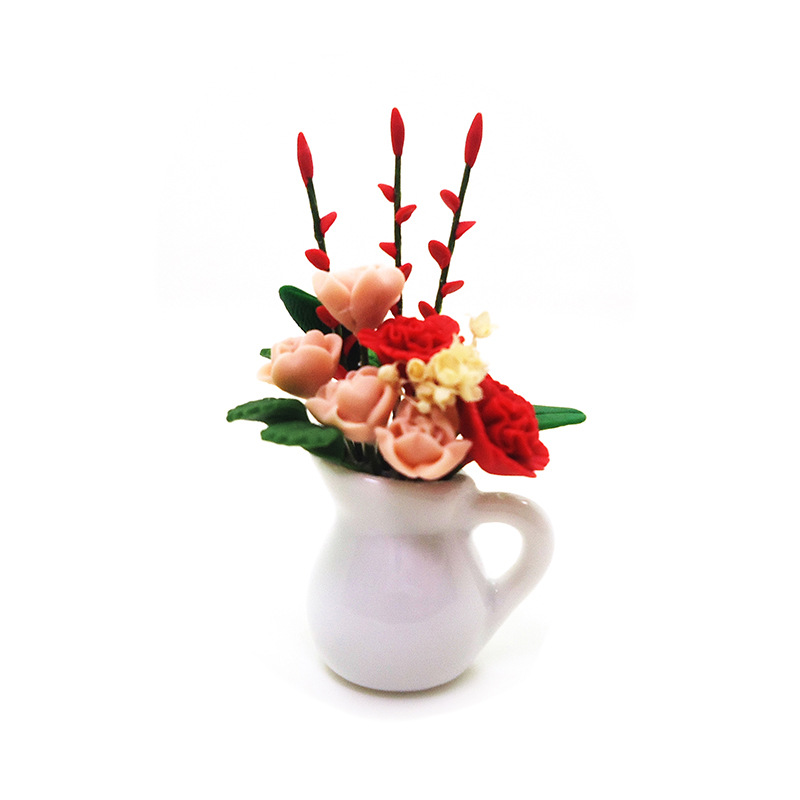Wholesale 1:12 Dollhouse Aessories Dollhouse Mini Clay Flower Red Rose Pink Magnolia White Jar Flower Arrangement Model