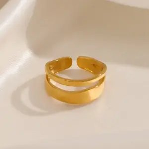 Wholesale PVD Coated 18K Gold Plated Lines 304 Stainless Steel Hip-Hop Waterproof Non Tarnish Open Rings