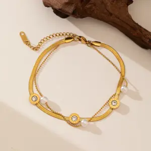 Qyb5075 Double-Layer Pearl Roman Anklet / Gold