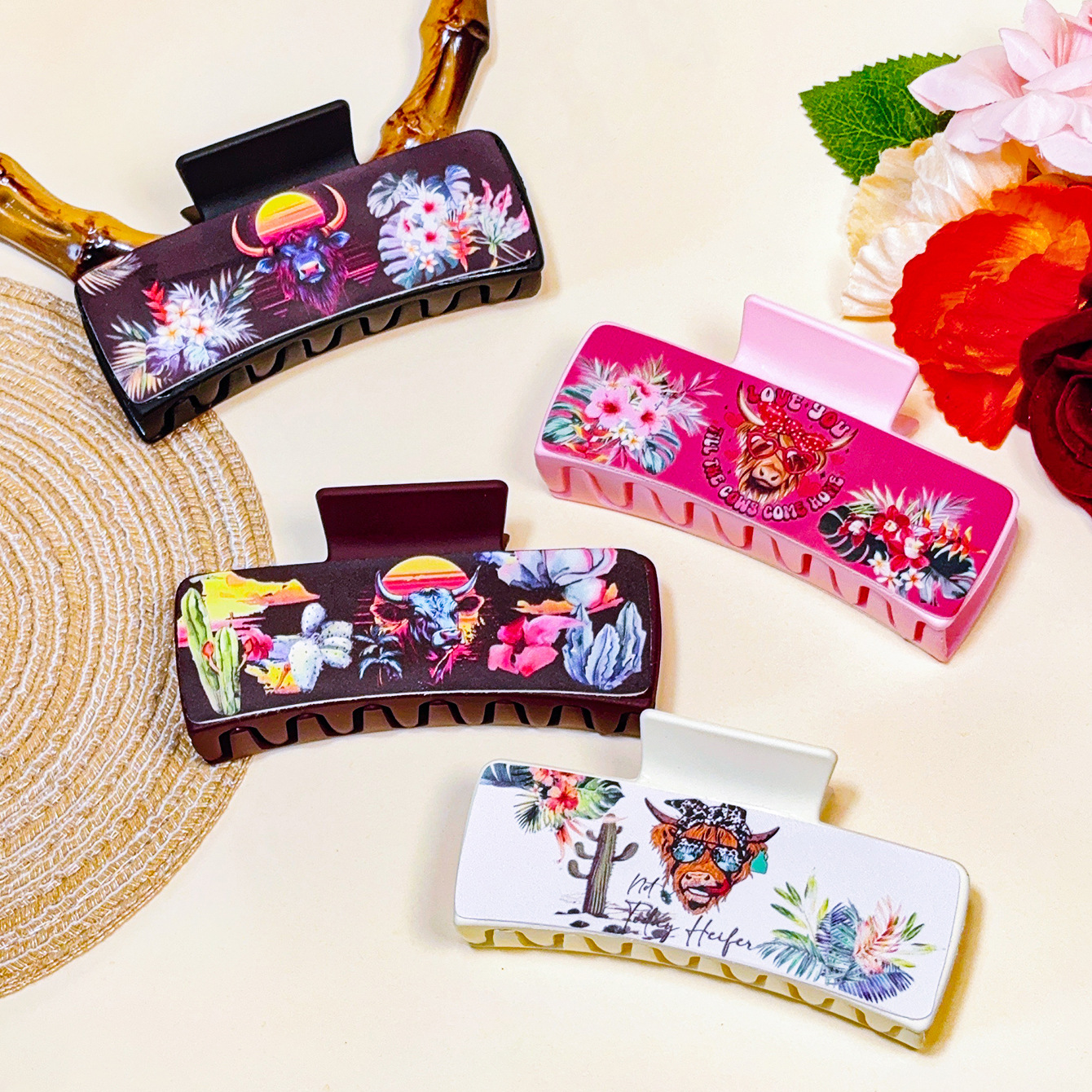 Wholesale Handmade Bohemian Shark Clip with Western Cowboy Cowhead Square Leather Grip