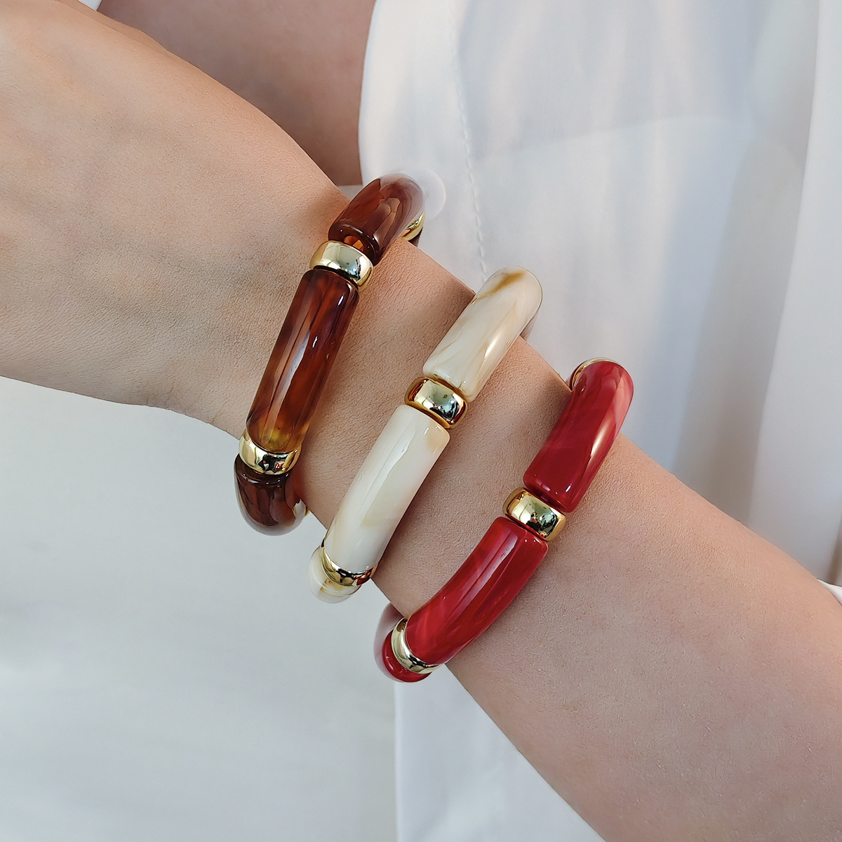 Wholesale European and American Fashionable Personalized New Acrylic Elbow Bracelet Curved Bamboo Tube Multi-Color Retro Marble Pattern Bracelet