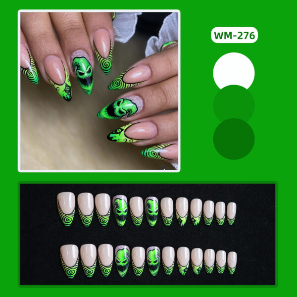 Wholesale Wm-276 Evil Ghost French Almond Fake Nail Pieces Halloween Green Big Eyed Monster French Vortex Wearable Nail Pieces