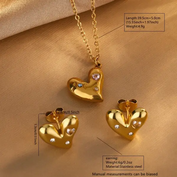 Wholesale Electroplating PVD Coated 18K Gold Plated Imitation Heart Shape 304 Stainless Steel Sweet Simple Style Classic Earrings Necklace Jewelry Set