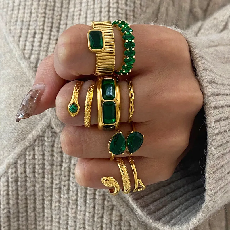 Wholesale 304 Stainless Steel Geometric PVD Coated Zircon Real Gold Plated Vintage Style French Style Waterproof Non Tarnish Plating Rings