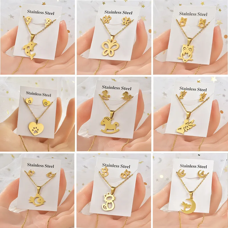 Wholesale Simple Style Heart Shape Owl Butterfly Titanium Steel Women's Earrings Necklace 1 Set