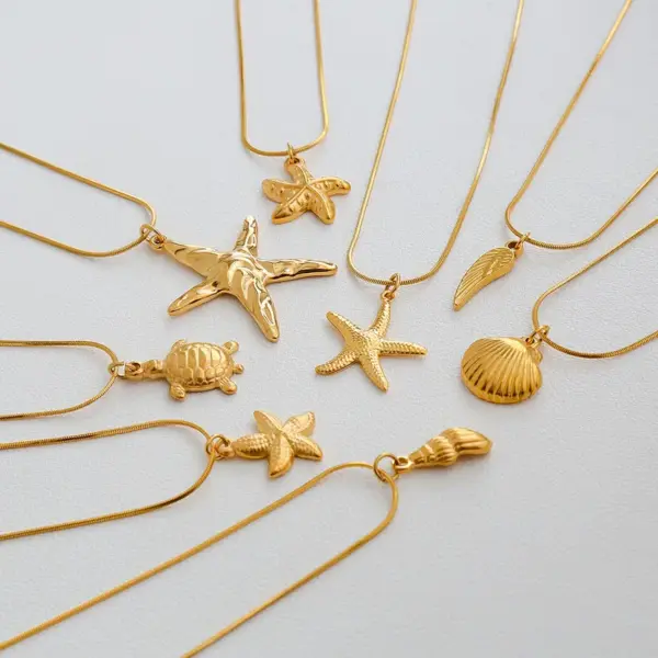 Wholesale Jewelry Exaggerated Beach Starfish Conch Shell 304 Stainless Steel Snake Chain Pendant Necklace