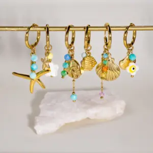PVD Coated Real Gold Plated Starfish Flower Shell 304 Stainless Steel Marine Style Waterproof Non Tarnish Charm Sleeper Hoop Earrings Drop Earrings
