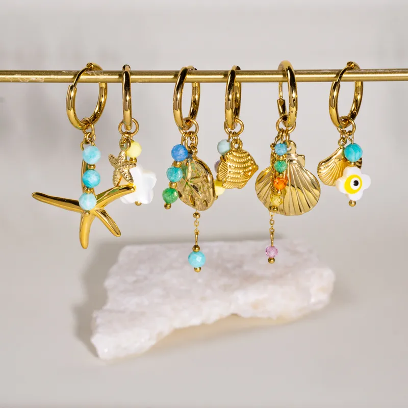 Wholesale PVD Coated Real Gold Plated Starfish Flower Shell 304 Stainless Steel Marine Style Waterproof Non Tarnish Charm Sper Hoop Earrings op Earrin