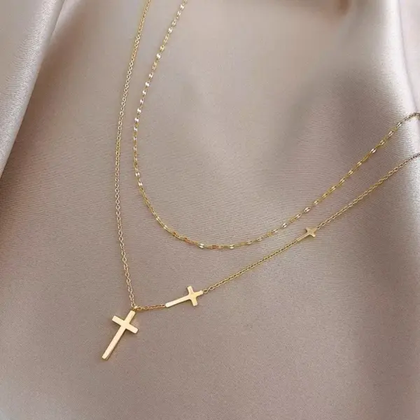 304 Stainless Steel Cross PVD Coated Zircon Real Gold Plated 18K Gold Simple Style Waterproof Non Tarnish Cross Chain Lobster Trigger Clasp Closure Gold Pendant Necklace