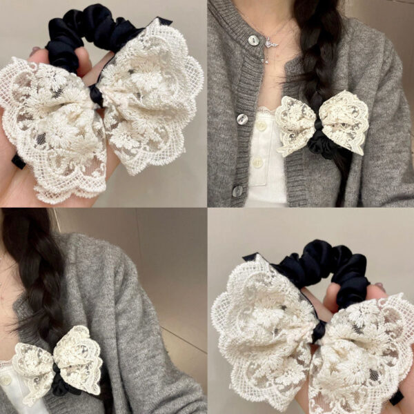 Wholesale Sweet Bow Thousand Gold Hair Ring Lace Double Gentle Korean Style Rubber Tendon Fashion Embroidered Vintage Hair Rope Elegant