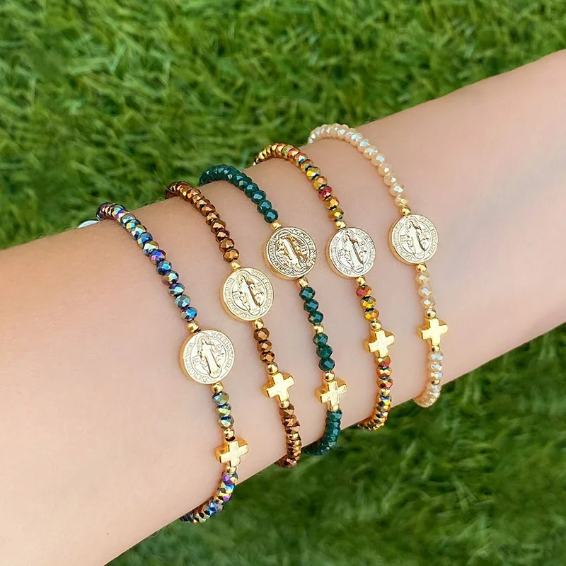 Wholesale Casual Simple Style Human Cross 18K Gold Plated Glass Copper Beaded Chain Beaded Bracelets Wholesale