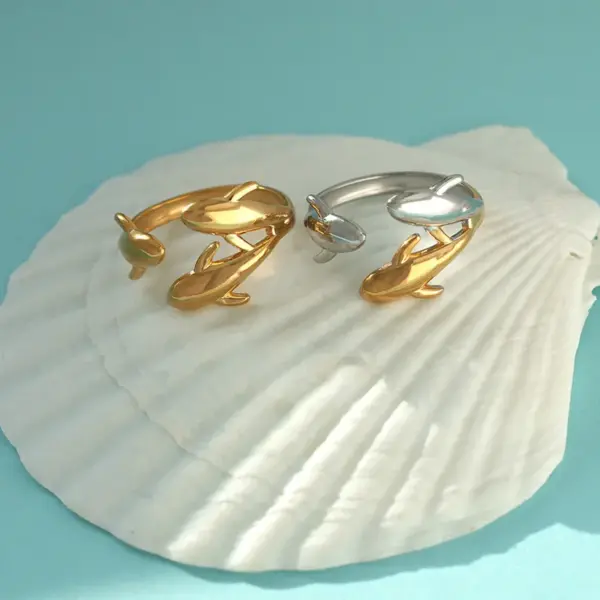 Wholesale PVD Coated Real Gold Plated 18K Gold Dolphin Fish 304 Stainless Steel Hawaiian Vacation Beach Waterproof Non Tarnish Open Rings